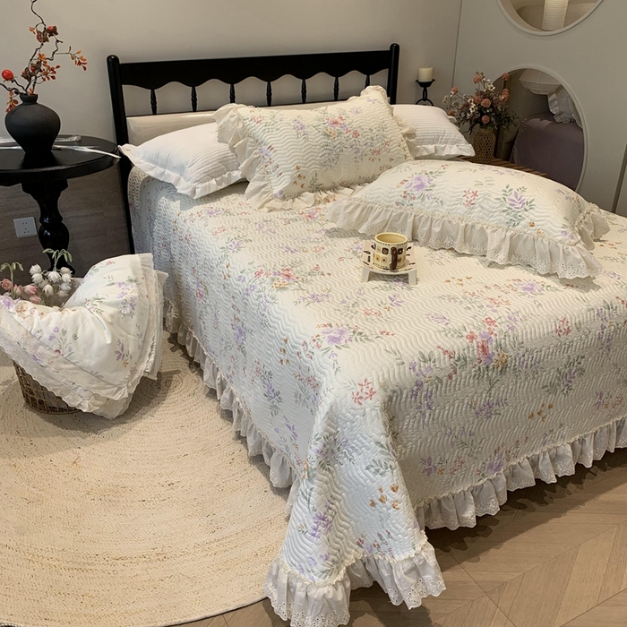 91家纺网 家纺一手货源 找家纺 奈萝家纺 2025新款全棉蕾丝花边床盖三件套四件套纯棉花边夏被 夏之语