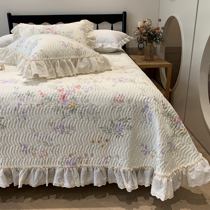 91家纺网 家纺一手货源 找家纺 奈萝家纺 2025新款全棉蕾丝花边床盖三件套四件套纯棉花边夏被 夏之语