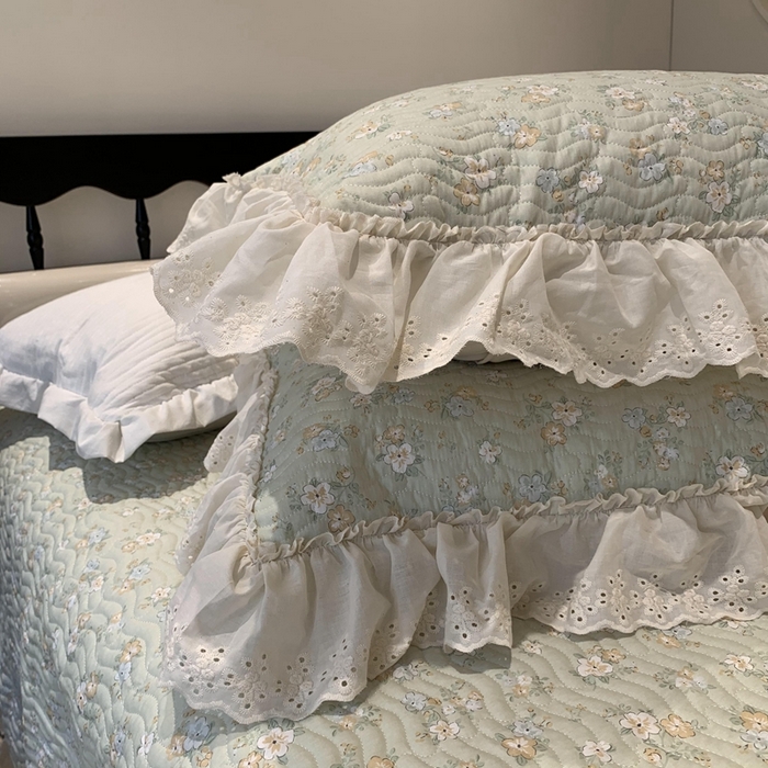 91家纺网 家纺一手货源 找家纺 奈萝家纺 2025春夏新款全棉纯棉蕾丝花边款床盖三件套 花语绿