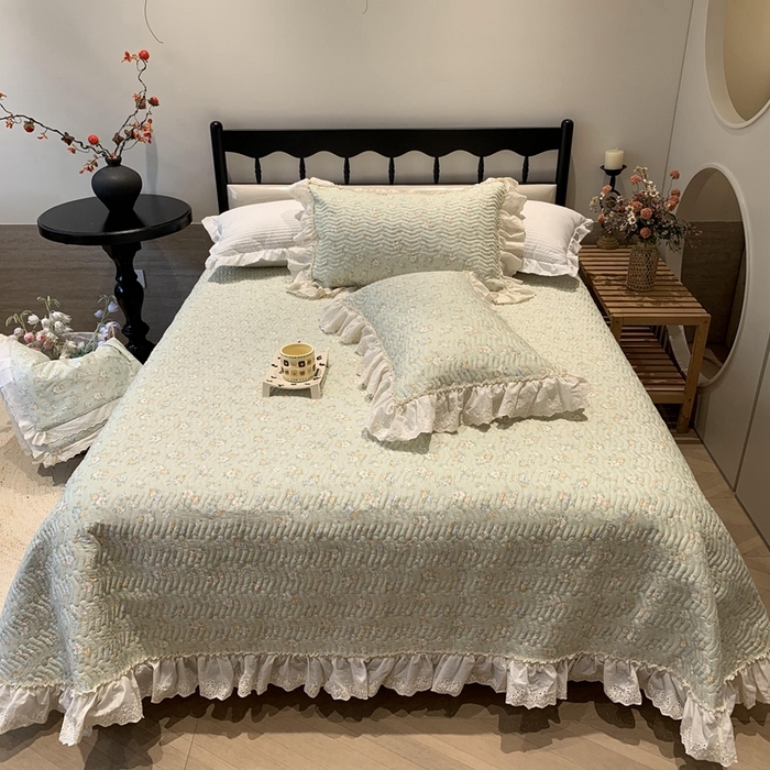 奈萝家纺 2025春夏新款全棉纯棉蕾丝花边款床盖三件套 花语绿