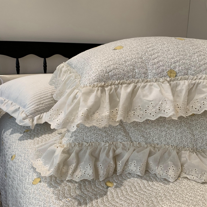 91家纺网 家纺一手货源 找家纺 奈萝家纺 2025春夏新款全棉纯棉蕾丝花边款床盖三件套 柠檬