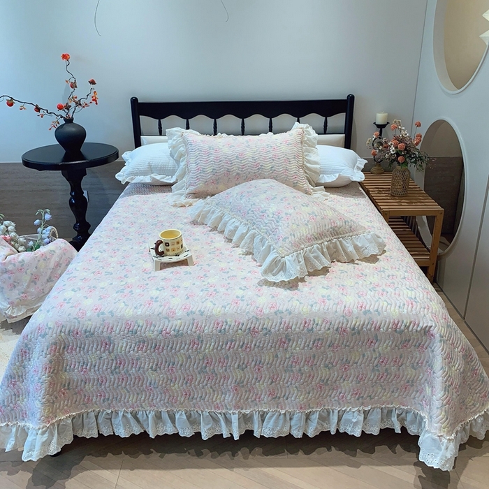 奈萝家纺 2025春夏新款全棉纯棉蕾丝花边款床盖三件套 蔷薇