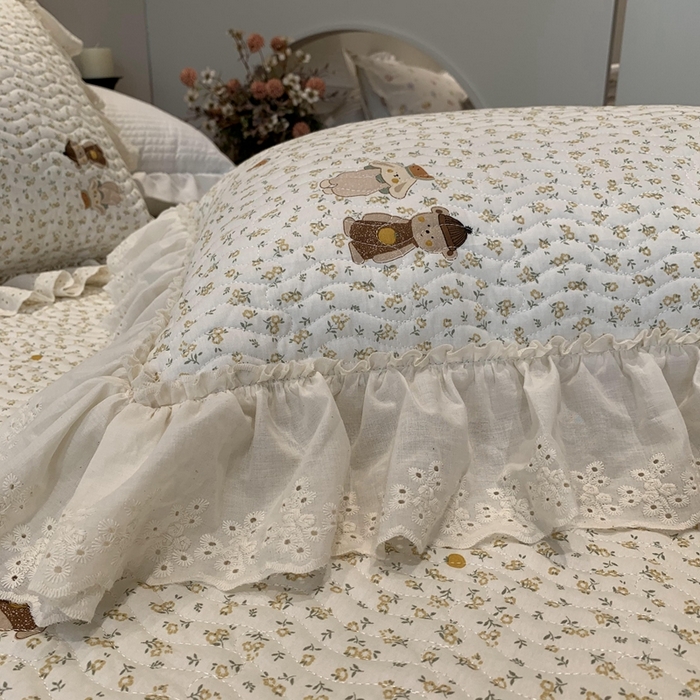 91家纺网 家纺一手货源 找家纺 奈萝家纺 2025春夏新款全棉纯棉蕾丝花边款床盖三件套 西瓜兔