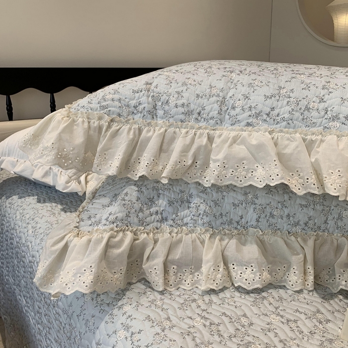 91家纺网 家纺一手货源 找家纺 奈萝家纺 2025春夏新款全棉纯棉蕾丝花边款床盖三件套 夏蓝