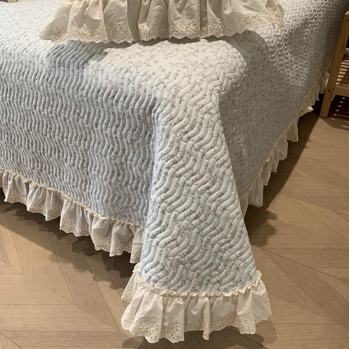 91家纺网 家纺一手货源 找家纺 奈萝家纺 2025春夏新款全棉纯棉蕾丝花边款床盖三件套 夏蓝