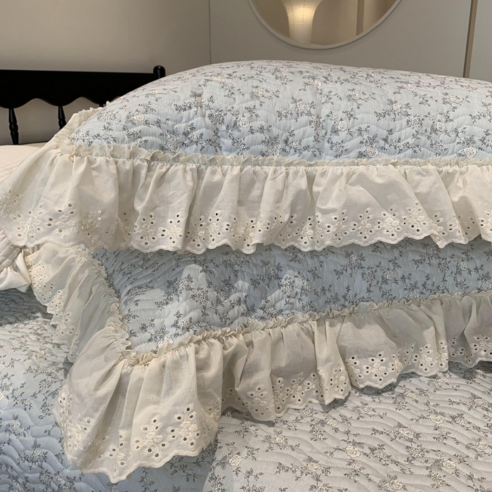 91家纺网 家纺一手货源 找家纺 奈萝家纺 2025春夏新款全棉纯棉蕾丝花边款床盖三件套 夏蓝