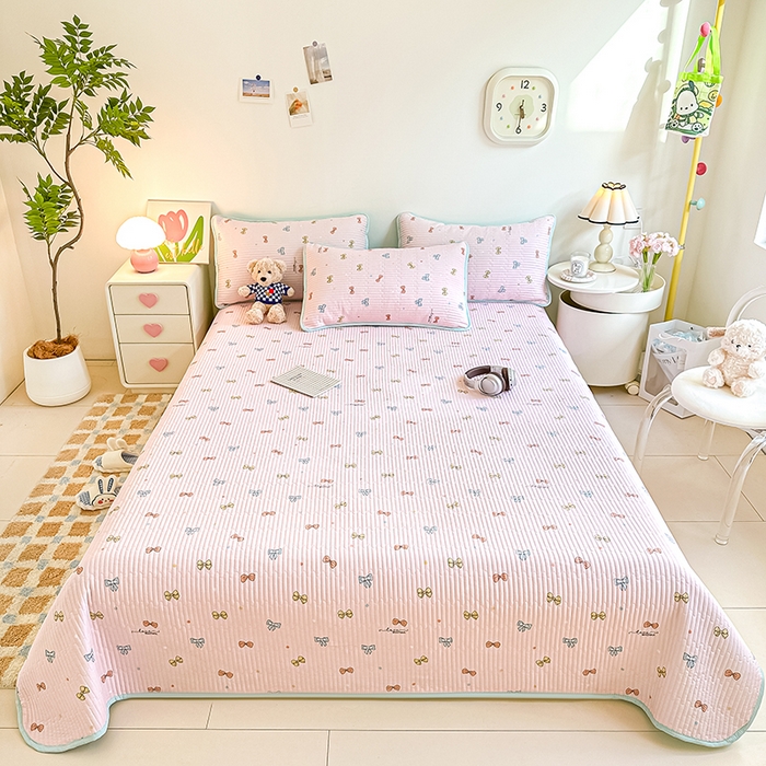 91家纺网 家纺一手货源 找家纺 恒尚居 2025新款双层纱小云棉多功能床盖-自由空间 蝴蝶结--浅粉梦境