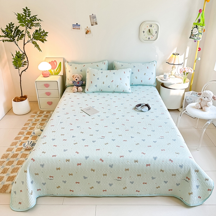 91家纺网 家纺一手货源 找家纺 橘夏家纺 2025新款双层纱小云棉多功能床盖-自由空间 蝴蝶结--浅绿梦境