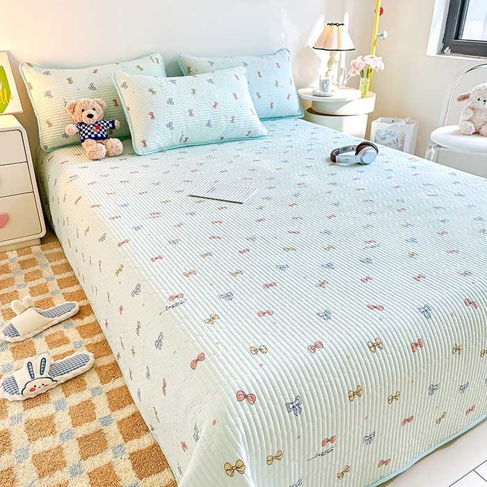 91家纺网 家纺一手货源 找家纺 橘夏家纺 2025新款双层纱小云棉多功能床盖-自由空间 蝴蝶结--浅绿梦境