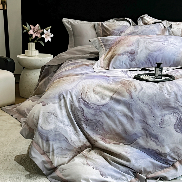 91家纺网 家纺一手货源 找家纺 （总）禾时 2025新款100S长绒棉纯棉数码印花双拼角四件套-星河入梦-蓝