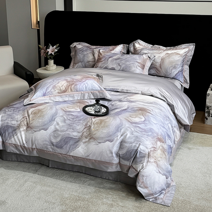 91家纺网 家纺一手货源 找家纺 （总）禾时 2025新款100S长绒棉纯棉数码印花双拼角四件套-星河入梦-蓝