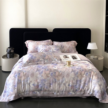 91家纺网 家纺一手货源 找家纺 花时间 2025新款A类60S兰精天丝四件套-莫奈花园 莫奈花园-紫