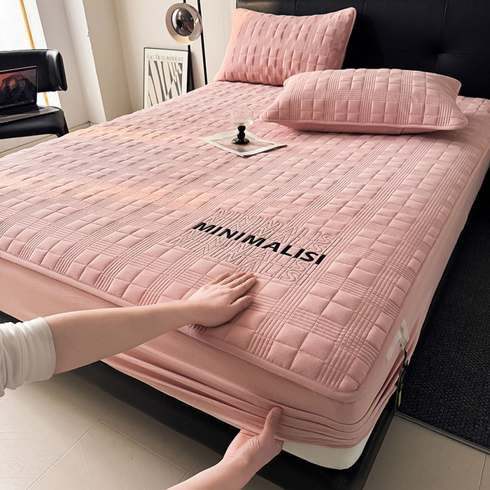 91家纺网 家纺一手货源 找家纺 3C 2025新款全棉水洗棉刺绣夹棉床笠 漫生活 豆沙粉