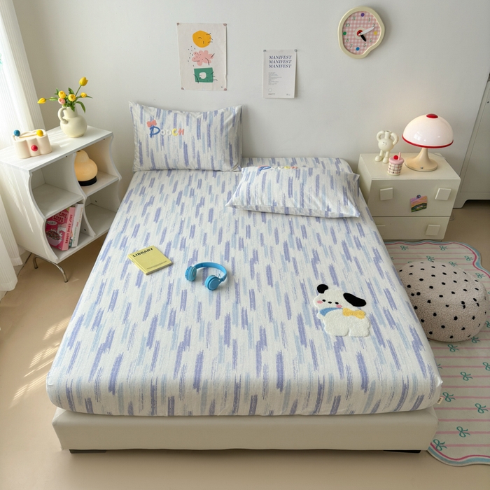 91家纺网 家纺一手货源 找家纺 如意朵 2025全棉老粗布刺绣床笠系列 洽洽狗