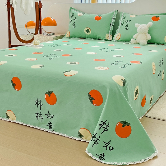 91家纺网 家纺一手货源 找家纺 宜家坊 2025新款春夏原棉鱼骨棉老粗布花边印花床单软凉席三件套 柿柿如意-绿
