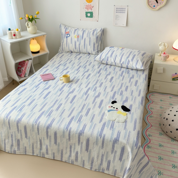 91家纺网 家纺一手货源 找家纺 如意朵 2025全棉老粗布刺绣床单系列 洽洽狗