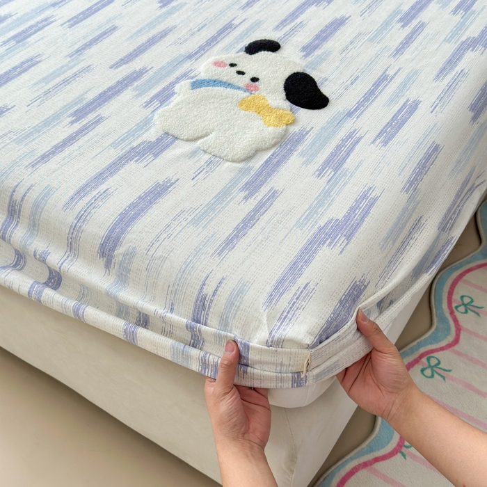 91家纺网 家纺一手货源 找家纺 如意朵 2025全棉老粗布刺绣床笠系列 洽洽狗