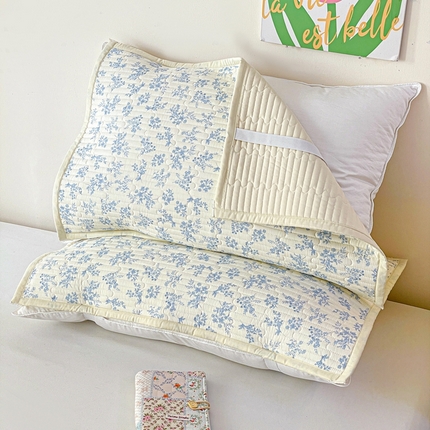 雅萱家纺 2025新款全棉双层纱夹棉枕巾 蓝风铃-枕巾【一对】