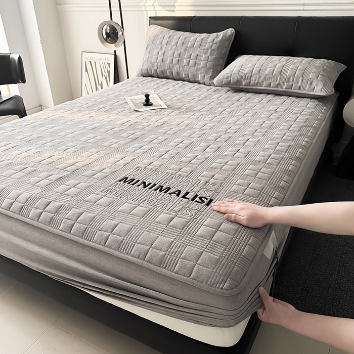 91家纺网 家纺一手货源 找家纺 3C 2025新款全棉水洗棉刺绣夹棉床笠 漫生活 简意灰 