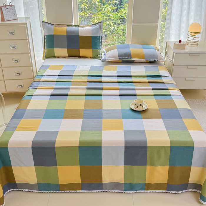 91家纺网 家纺一手货源 找家纺 宜家坊 2025新款春夏原棉鱼骨棉老粗布花边印花床单软凉席三件套 格林