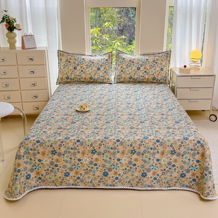 91家纺网 家纺一手货源 找家纺 （总）宜家坊 2025新款春夏原棉鱼骨棉老粗布花边印花床单软凉席三件套