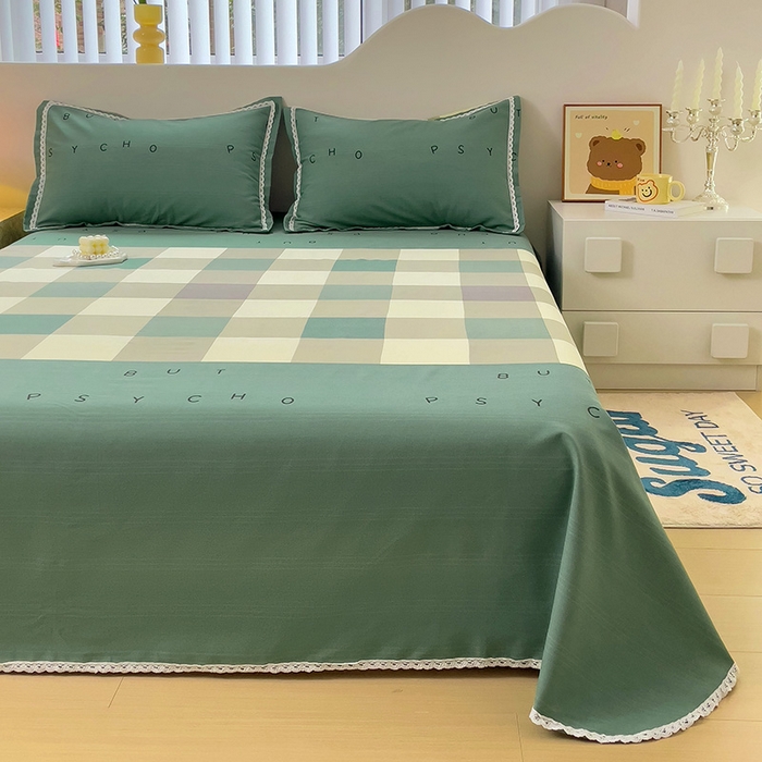 91家纺网 家纺一手货源 找家纺 宜家坊 2025新款春夏原棉鱼骨棉老粗布花边印花床单软凉席三件套 宜家-绿