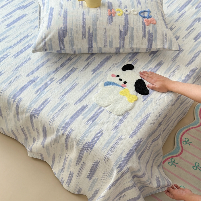 91家纺网 家纺一手货源 找家纺 如意朵 2025全棉老粗布刺绣床单系列 洽洽狗