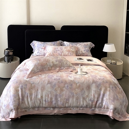 91家纺网 家纺一手货源 找家纺 花时间 2025新款A类60S兰精天丝四件套-莫奈花园 莫奈花园-粉