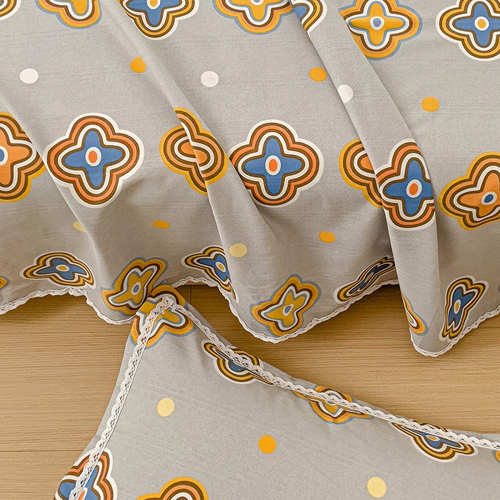 91家纺网 家纺一手货源 找家纺 宜家坊 2025新款春夏原棉鱼骨棉老粗布花边印花床单软凉席三件套 四叶草-灰