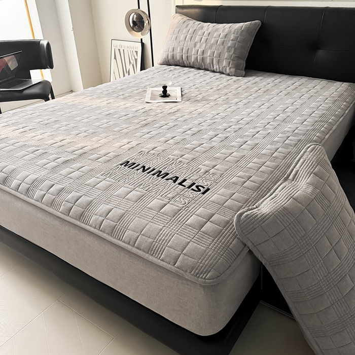 91家纺网 家纺一手货源 找家纺 3C 2025新款全棉水洗棉刺绣夹棉床笠 漫生活 简意灰 