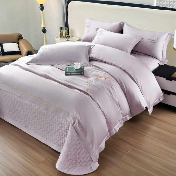 91家纺网 家纺一手货源 找家纺 OL家纺 2025新款100支天丝棉居家轻奢床盖夹棉防滑四件套 木槿紫