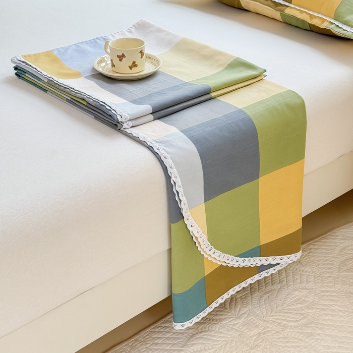 91家纺网 家纺一手货源 找家纺 宜家坊 2025新款春夏原棉鱼骨棉老粗布花边印花床单软凉席三件套 格林