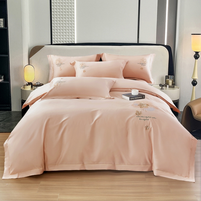 91家纺网 家纺一手货源 找家纺 OL家纺 2025新款100支天丝棉居家轻奢床盖夹棉防滑四件套 桃夭粉