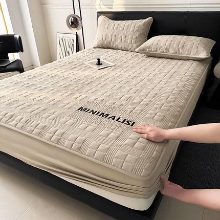 3C 2025新款全棉水洗棉刺绣夹棉床笠 漫生活 卡其