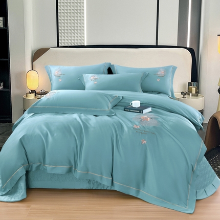 OL家纺 2025新款100支天丝棉居家轻奢床盖夹棉防滑四件套 水云兰