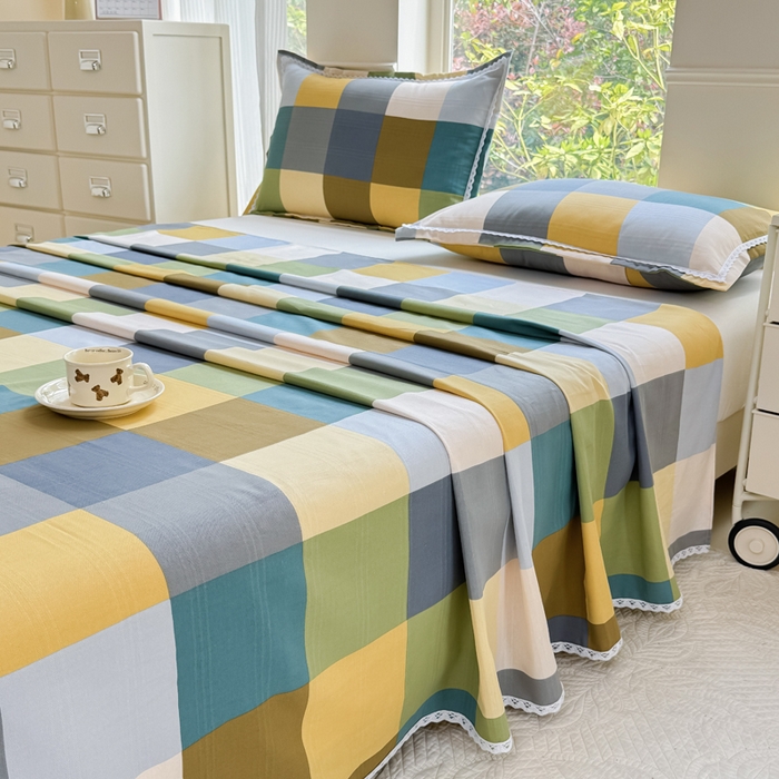 91家纺网 家纺一手货源 找家纺 宜家坊 2025新款春夏原棉鱼骨棉老粗布花边印花床单软凉席三件套 格林