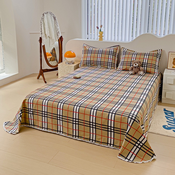 91家纺网 家纺一手货源 找家纺 宜家坊 2025新款春夏原棉鱼骨棉老粗布花边印花床单软凉席三件套 英伦时尚