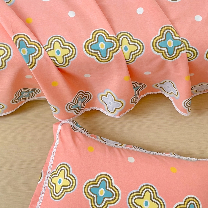 91家纺网 家纺一手货源 找家纺 宜家坊 2025新款春夏原棉鱼骨棉老粗布花边印花床单软凉席三件套 四叶草-玉