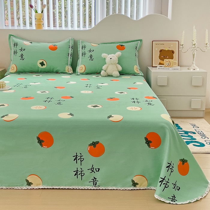 91家纺网 家纺一手货源 找家纺 宜家坊 2025新款春夏原棉鱼骨棉老粗布花边印花床单软凉席三件套 柿柿如意-绿