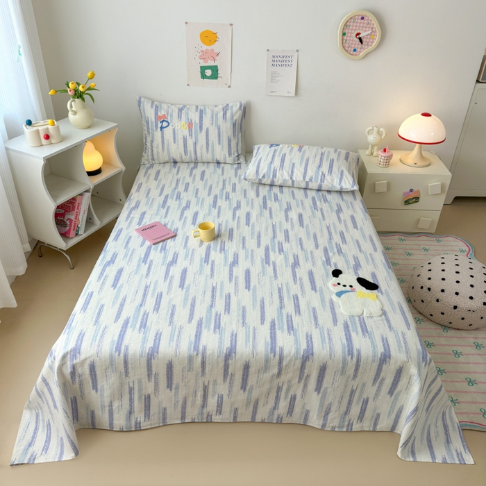 91家纺网 家纺一手货源 找家纺 如意朵 2025全棉老粗布刺绣床单系列 洽洽狗