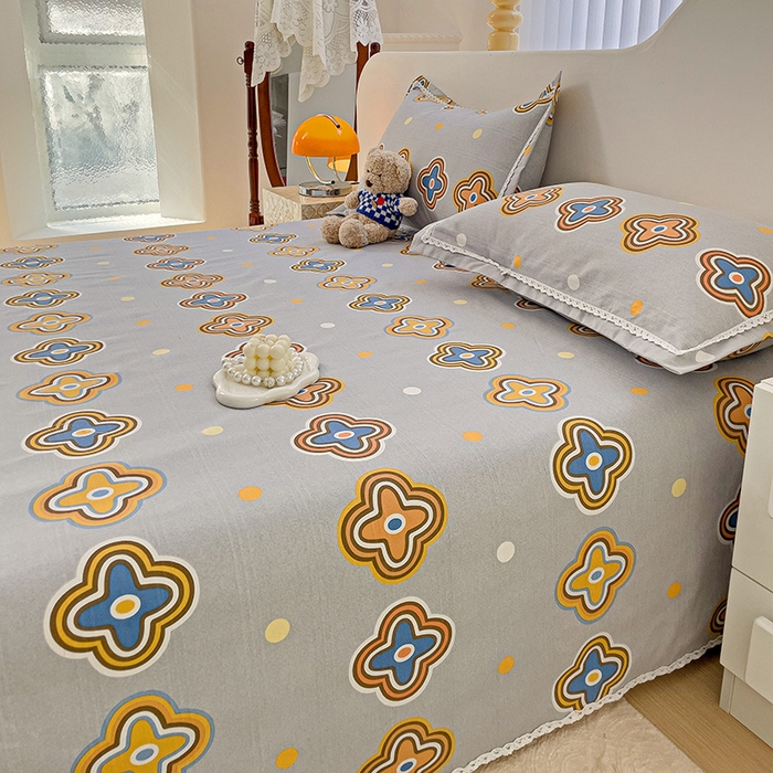 91家纺网 家纺一手货源 找家纺 宜家坊 2025新款春夏原棉鱼骨棉老粗布花边印花床单软凉席三件套 四叶草-灰