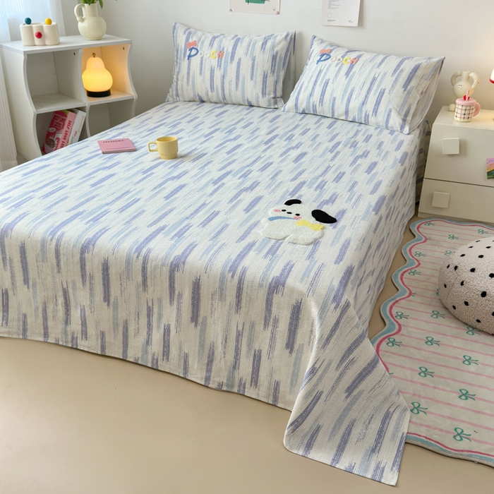 91家纺网 家纺一手货源 找家纺 如意朵 2025全棉老粗布刺绣床单系列 洽洽狗