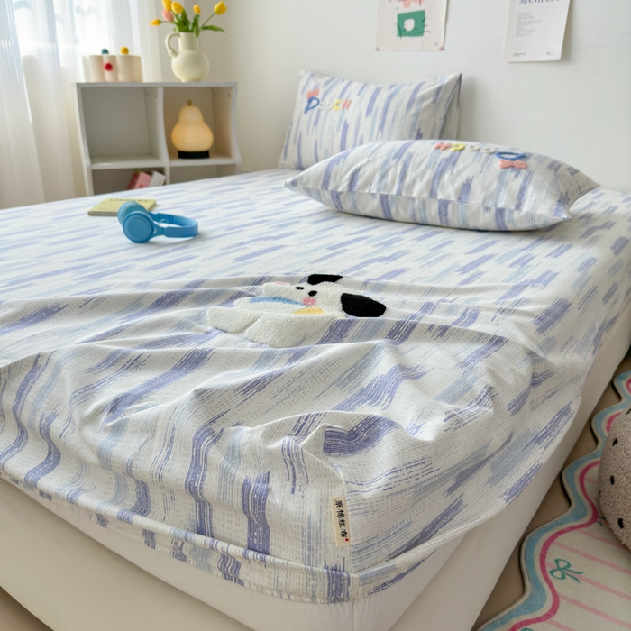 91家纺网 家纺一手货源 找家纺 如意朵 2025全棉老粗布刺绣床笠系列 洽洽狗