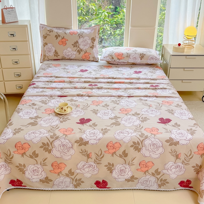 91家纺网 家纺一手货源 找家纺 宜家坊 2025新款春夏原棉鱼骨棉老粗布花边印花床单软凉席三件套 玫瑰