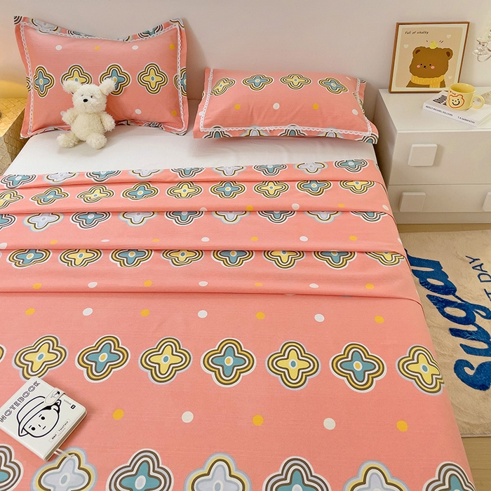 91家纺网 家纺一手货源 找家纺 宜家坊 2025新款春夏原棉鱼骨棉老粗布花边印花床单软凉席三件套 四叶草-玉