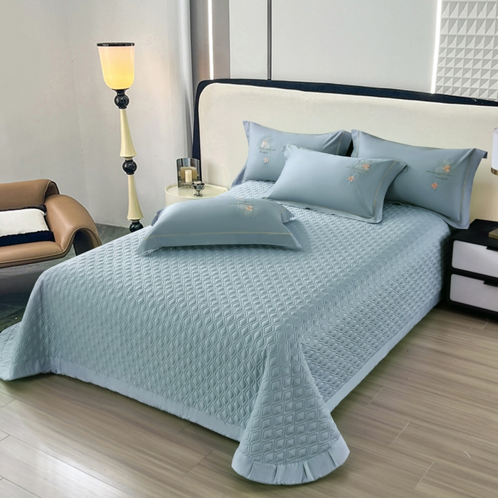 91家纺网 家纺一手货源 找家纺 OL家纺 2025新款100支天丝棉居家轻奢床盖夹棉防滑四件套 云雾蓝