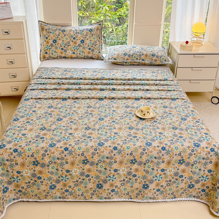 91家纺网 家纺一手货源 找家纺 宜家坊 2025新款春夏原棉鱼骨棉老粗布花边印花床单软凉席三件套 陌上花吟