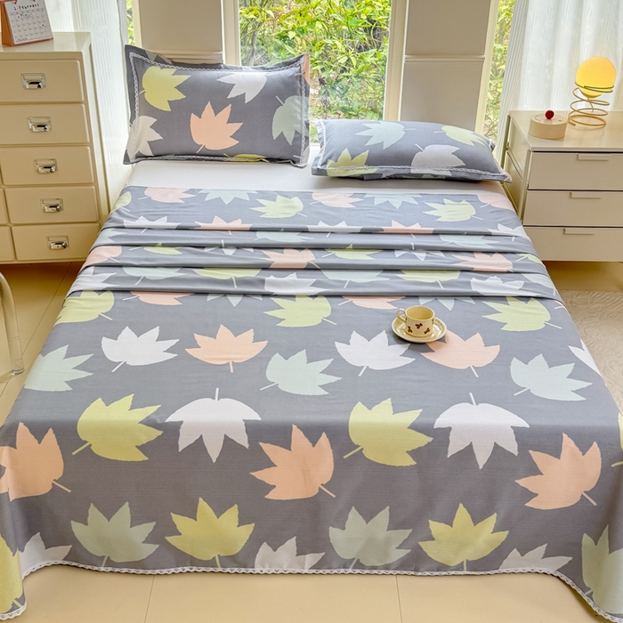 91家纺网 家纺一手货源 找家纺 宜家坊 2025新款春夏原棉鱼骨棉老粗布花边印花床单软凉席三件套 叶韵秋眠