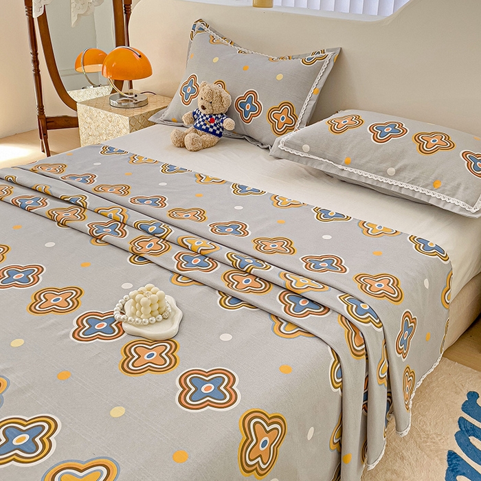 91家纺网 家纺一手货源 找家纺 宜家坊 2025新款春夏原棉鱼骨棉老粗布花边印花床单软凉席三件套 四叶草-灰