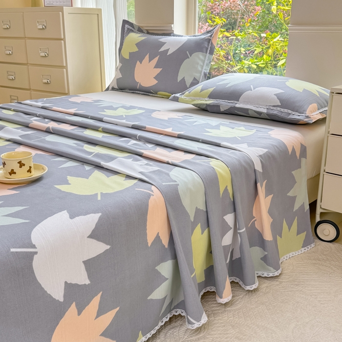 91家纺网 家纺一手货源 找家纺 宜家坊 2025新款春夏原棉鱼骨棉老粗布花边印花床单软凉席三件套 叶韵秋眠